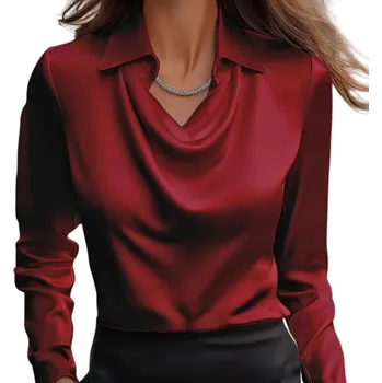 Dámská lesklá halenka Výstřih do V Dlouhý rukáv Límeček Jednobarevná společenská halenka z polyesteru do práce i večer vínová S