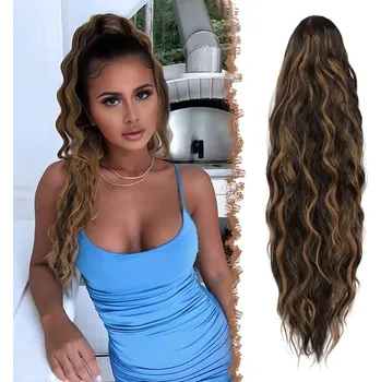 Paruka FESHFEN Prodloužení vlasů do culíku s dlouhým copánkem se stahovací šňůrkou Vlnité kudrnaté černé