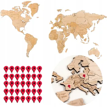 Obraz DŘEVĚNÁ MAPA SVĚTA s 3D Efektem L 105 x 60 cm DETAILNÍ + 36 ŠPENDLÍKŮ