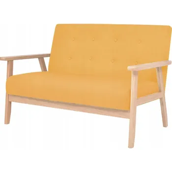 Pohovka Dvoumístná Pohovka z masivního dřeva, čalouněná žlutým polyesterem 113,5x67x73