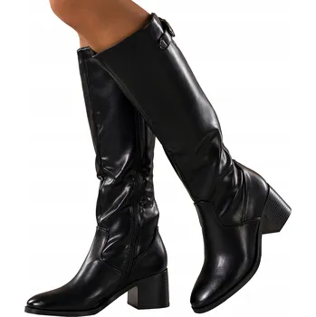 Dámské kozačky KOZAČKY Černé Dámské POHODLNÉ Podpatek Blok Pásek S Přezkou ELEGANTNÍ vel. 37