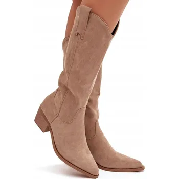 Dámské kozačky KOZAČKY KOVBOJSKÉ BOTY Z EKO SEMIŠE S ŠIKMÝM PODPATKEM, NA ZASUNUTÍ, SE ZIPEM, KHAKI 38