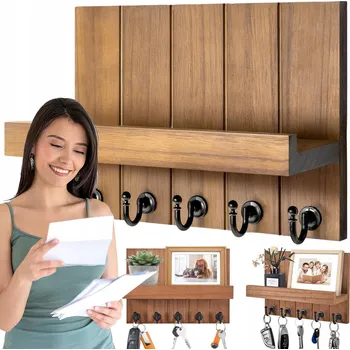 Věšák Nástěnný DRŽÁK s 5 HÁKY, DŘEVĚNÝ VĚŠÁK NA KLÍČE s horní POLIČKOU, barva DŘEVA