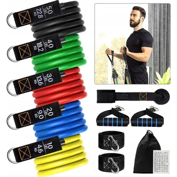 SADA 5 POSILOVACÍCH GUM ODPOROVÝCH PRO CVIČENÍ FITNESS BANDS EXPANDER S DRŽADLEM