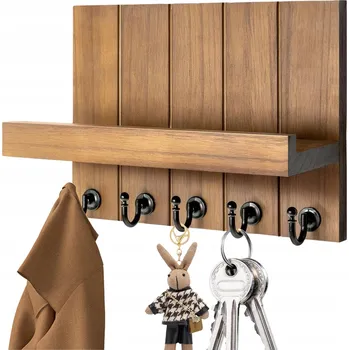 Věšák Nástěnný věšák s poličkou a háčky na klíče a oblečení - dřevěný