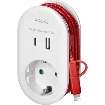 Elektrická zásuvka Adaptér s USB nabíječkou a kabelem 1x2P+Z Schuko, 2xUSB (Typ A+C), max 3,4A