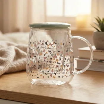 Skleněný hrnek s infuzérem a keramickým víčkem TADAR Uśmiechnij się 500 ml