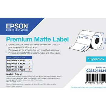 Speciální papír Epson Prémiové matné etikety - Role s výsekem: 76 mm x 51 mm, 650 etiket