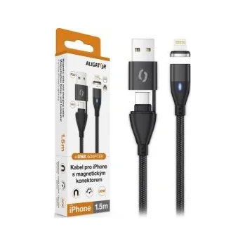 Datový kabel ALIGATOR MAGNETIC 3A 30W, USB-C+USB/Lightning 1,5m
