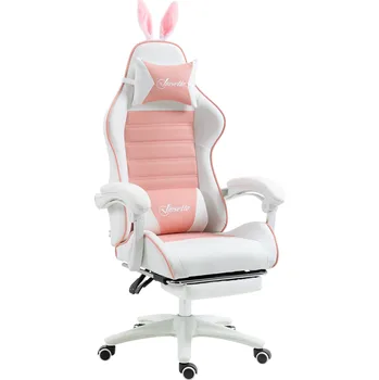 Herní židle Herní židle Vinsetto Ergonomická herní židle s bederní opěrkou, opěrkou nohou a polštářem s ušima králíka Růžová