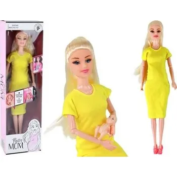 Panenka Baby Panenka Těhotná maminka miminko Dlouhé blond vlasy Žluté Šaty