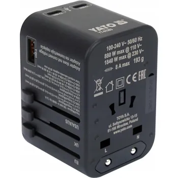 Cestovní adaptér YATO CESTOVNÍ ADAPTÉR NAPÁJENÍ PRO VÍCE NEŽ 150 ZEMÍ USB-C PD 65W YT-81303