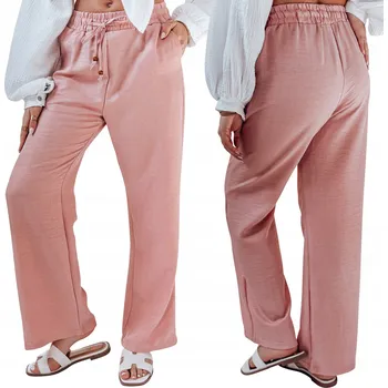 Dámské kalhoty Dámské látkové kalhoty se širokými nohavicemi a vysokým pasem růžové UY2645 - L