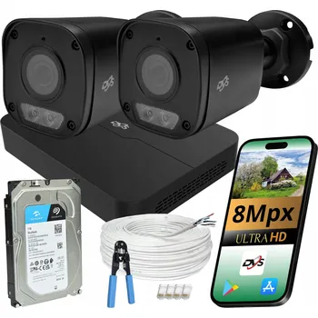 Bezpečnostní kamera IP POE MONITOROVACÍ SADA 2X KAMERA ČERNÁ 8MPX 4K DVS DISK 1TB DUAL LIGHT