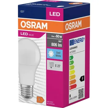 Žárovka LED žárovka A60 E27 8W (ekvivalent 60W) 806lm 4000K Neutrální bílá 150° VALUE Osram
