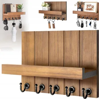 Věšák DŘEVĚNÝ ORGANIZÉR NA KLÍČE S 5 HÁČKY A POLIČKOU PRO ULOŽENÍ