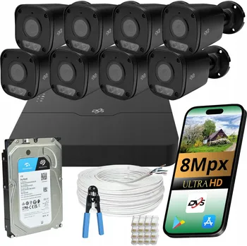 Bezpečnostní kamera ČERNÉ VENKOVNÍ KAMERY SADA 4K 8 KAMER 8Mpx IP POE PRO MONITORING DOMU