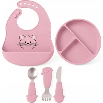 dětská jídelní sada Dětský silikonový set FreeON - růžový talíř, příbor a bryndák