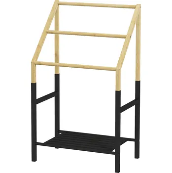 Držák na ručník HOMCOM Věšák na ručníky, volně stojící, 3 tyče, 51x31x85,5cm, černá/přírodní dřevo