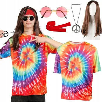 Karnevalový kostým KOSTÝM PŘEVLEK HIPPIE 70. LÉTA RETRO TRIČKO BRÝLE ČELENKA PŘÍSLUŠENSTVÍ