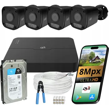Bezpečnostní kamera SADA ČERNÝCH KAMER PRO MONITORING 8MPX IP POE, 4 VENKOVNÍ KAMERY, 1TB