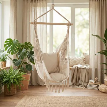 Zahradní lehátko Závěsné brazilské křeslo houpačka zahradní se 2 polštáři Tadar houpací síť béžová