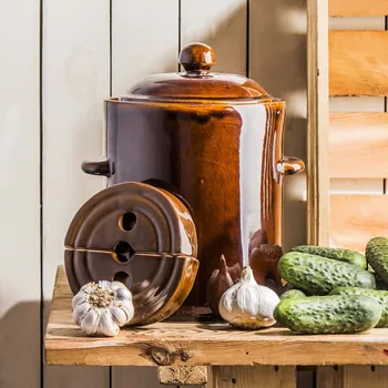 Zelák Kameninový sud na kysané zelí a okurky s vodním límcem, víkem a tlakovým kamenem KRYSTYNKA HERMETYK BRONZE 5 l