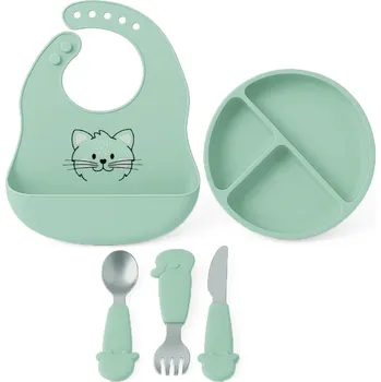 Dětský silikonový set FreeON - zelený talíř, příbor a bryndák