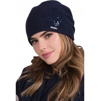Dámské spodní prádlo VLNĚNÁ dámská ČEPICE beanie TMAVĚ MODRÁ s ozdobnými FLITRY Kamea LAJLA