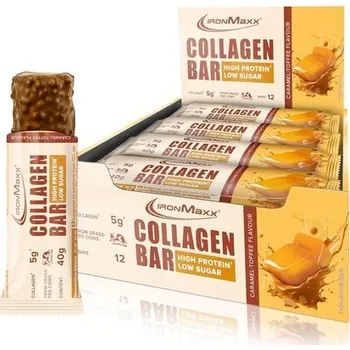 Potravinová fólie IronMaxx Kolagenní proteinová tyčinka - 40g tyčinky Caramel Toffee 12 ks. - Tyčinka s nízkým