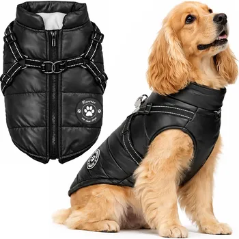 Obleček pro psa TEPLÁ ZIMNÍ VESTA S POSTROJEM PRO PSA 2v1 - ČERNÁ - VELIKOST L