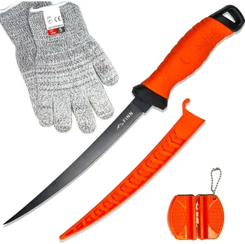 FINN Outdoors - Sada filetovacího nože z ušlechtilé oceli s ostřičem nožů 2v1 a rukavice