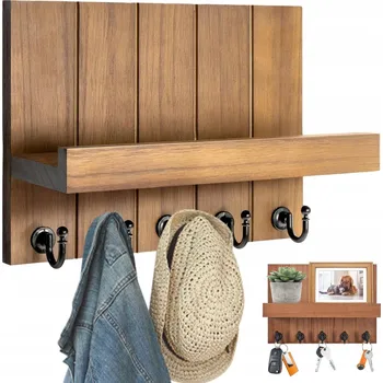 Věšák DŘEVĚNÝ VĚŠÁK S POLICÍ A 5 HÁČKY DO PŘEDSÍNĚ A OBÝVACÍHO POKOJE