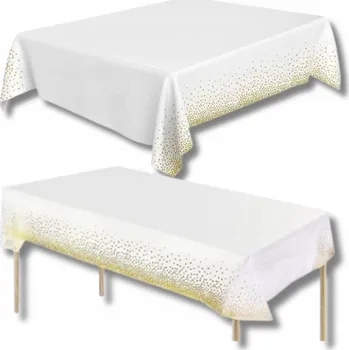 ubrus Jednorázový ubrus bílý narozeninový fóliový se zlatými tečkami velký 137 x 274 cm