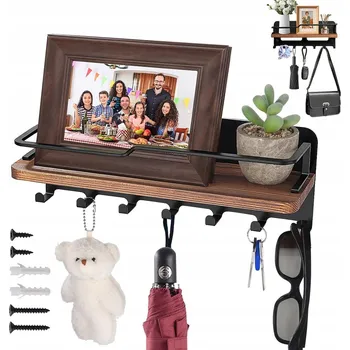 Věšák ORGANIZÉR NA KLÍČE VĚŠÁK S POLIČKOU 7 HÁČKY ČERNÝ SNADNÁ MONTÁŽ 30,5x10