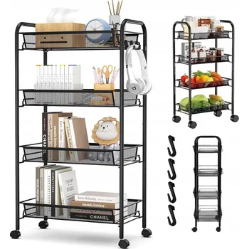 regál SKLADOVACÍ REGÁL NA KOLEČKÁCH, 4 POLICE, DO KUCHYNĚ, KOUPELNY, LOŽNICE, ČERNÝ