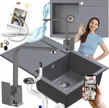 Granitový dřez GRANITOVÝ DŘEZ ŠEDÝ JEDNOKOMOROVÝ S ODKAPÁVAČEM A KUCHYŇSKOU BATERIÍ