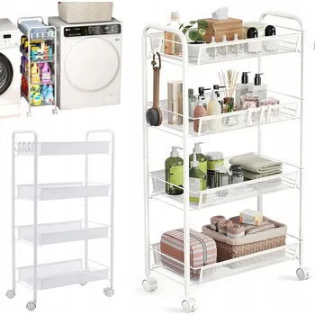 regál KOVOVÝ VÍCEÚČELOVÝ VOZÍK SE 4 POLICEMI A KOLEČKY, BÍLÝ REGÁL SKŘÍŇKA