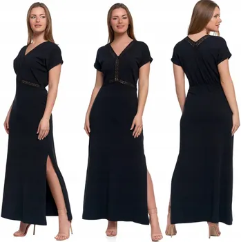 Dámské šaty Dámské maxi ŠATY Elegantní výstřih do V s rozparkem a krajkou MORAJ XXL