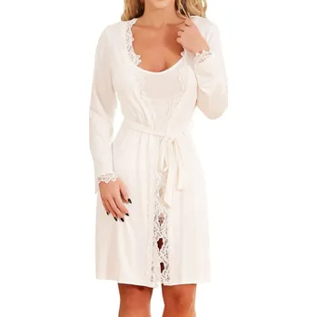 Dámský župan Župan Župan Flores S Bílý Krémový Viskózový Krásný Viskózový S Krajkou