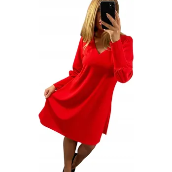 Dámské šaty V568 ŠATY S DLOUHÝM RUKÁVEM, HLADKÝ VÝSTŘIH DO V, ČERVENÉ, vel. 48 (4XL)