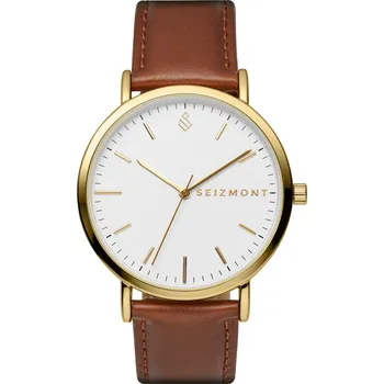 Hodinky Moment | Minimalistické elegantní analogové hodinky zlaté barvy s bílým číselníkem, quartzovým strojkem a rezavým koženým řemínkem - Seizmont