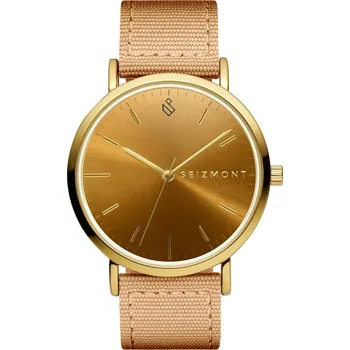 Hodinky Moment | Minimalistické elegantní analogové hodinky zlaté barvy s číselníkem v barvě šampaňského, quartzovým strojkem a pískovým nylonovým řemínkem - Seizmont