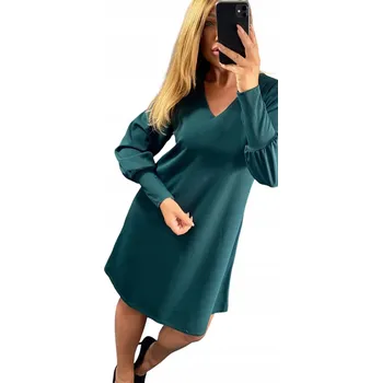 Dámské šaty V568 ŠATY S DLOUHÝM RUKÁVEM, HLADKÝ VÝSTŘIH DO V, ZELENÉ, vel. 48 (4XL)