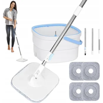 mop Plochý mop s dvoukbelíkovým vědrem na podlahu, mikrovlákno, 4x náhradní návlek