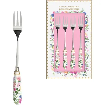 Příbor Easy Life, Itálie Dezertní vidlička nerezová s porcelánovou úchytkou - Kvetoucí láska - sada 4 ks