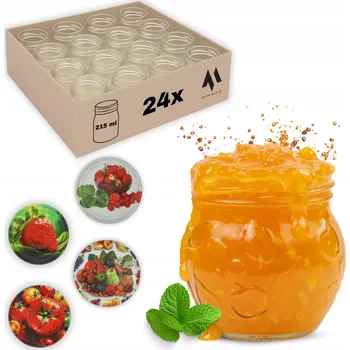 Sklenice 24 x SKLENĚNÁ ZAVAŘOVACÍ SKLENICE SKLENICE NA ZAVAŘENINY DŽEM MED POVIDLA 215ml + VÍČKA