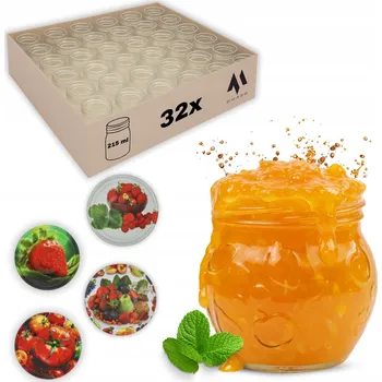 Sklenice 32 x SKLENĚNÁ ZAVAŘOVACÍ SKLENICE SKLENICE NA ZAVAŘENINY DŽEM MED POVIDLA 215ml + VÍČKA