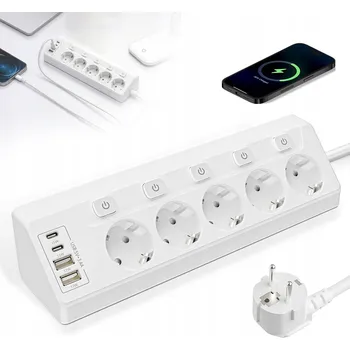 Elektrická zásuvka ZÁSUVKOVÁ LIŠTA S VYPÍNAČI 5 ZÁSUVEK 2 USB A 2 USB C KABEL 2 M