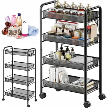 regál MOBILNÍ REGÁL NA KOLEČKÁCH KUCHYŇSKÝ VOZÍK 4 PATRA VYSOKÁ KVALITA ČERNÝ 81cm